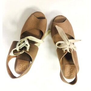 Tory Burch Brown Canvas Espadrille Wedge Sandals With Ivory Lace-Up Detail Women